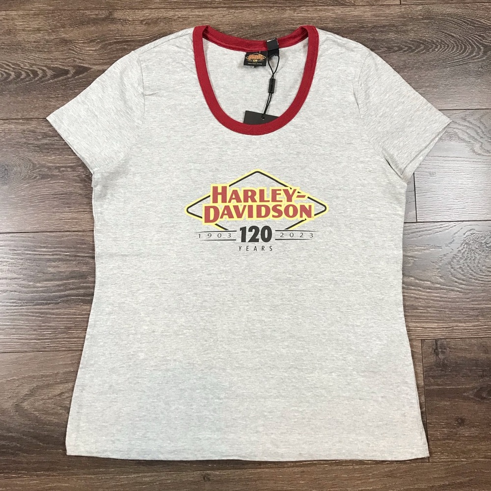 Harley-Davidson 120th Anniversary Women’s Gray Round Neck Biker T-Shirt Size L
